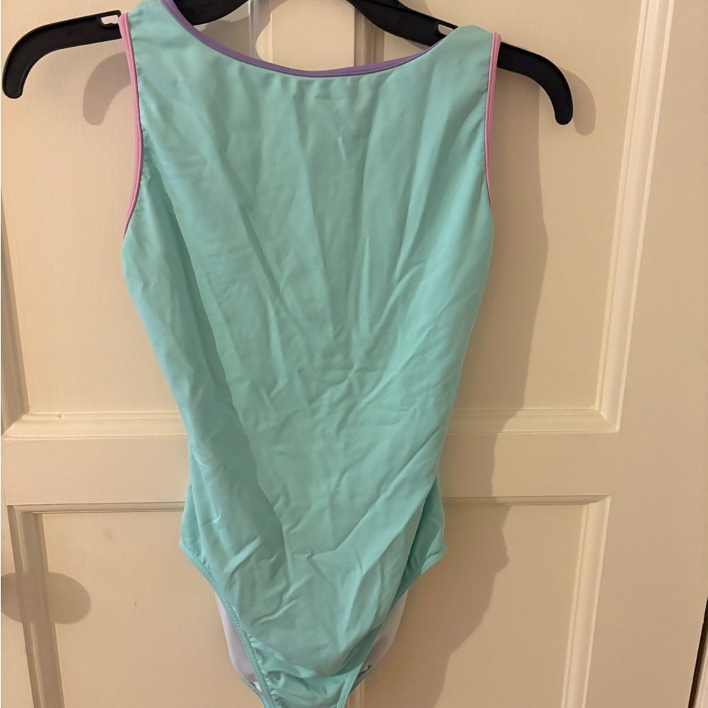 Aqua leotard with pastel trim